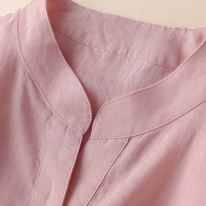 Buddha Stones Casual Women's V-neck Three Quarter Sleeve Design Plain Cotton Linen Shirt - image 13