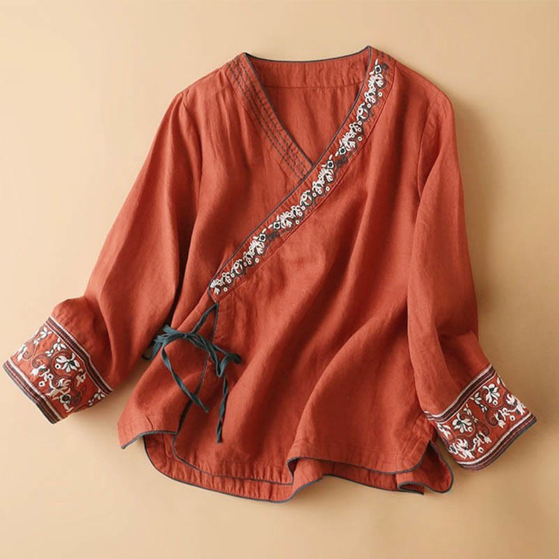 Buddha Stones Casual Embroidered Flowers Slant Collar Strap Long Sleeve Cotton Women's Shirt - FireBrick - US12，UK/AU16，EU44 (3XL) - image 0