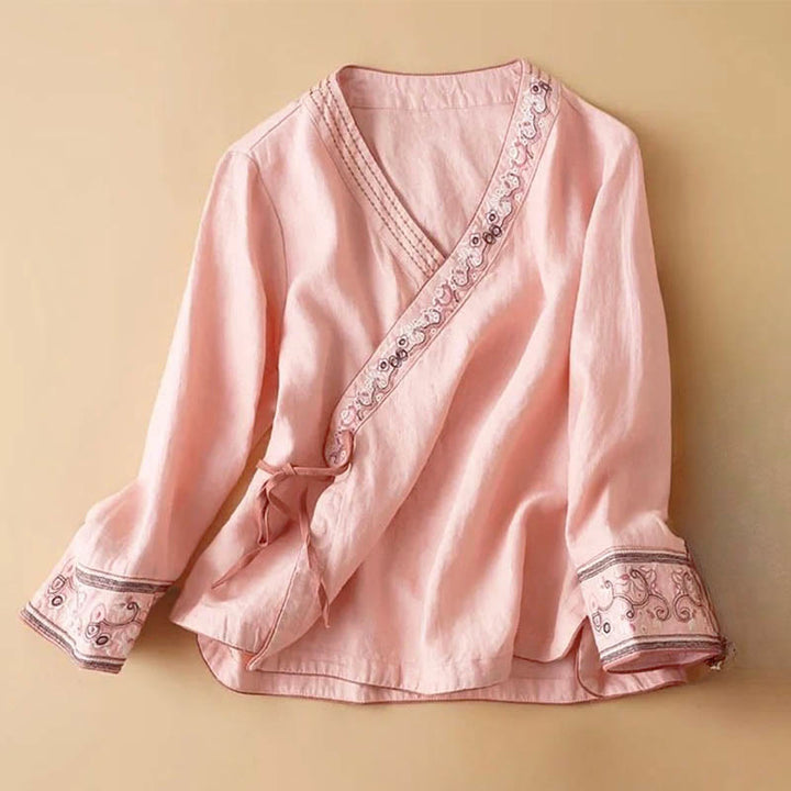 Buddha Stones Casual Embroidered Flowers Slant Collar Strap Long Sleeve Cotton Women's Shirt - Pink - US12，UK/AU16，EU44 (3XL) - image 4