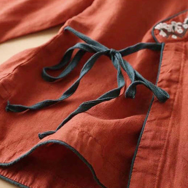 Buddha Stones Casual Embroidered Flowers Slant Collar Strap Long Sleeve Cotton Women's Shirt - image 1