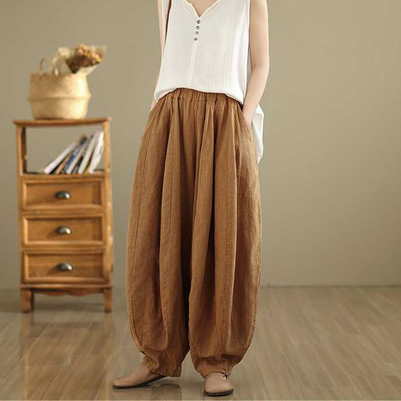 Buddha Stones Spring Casual Simple Design Women's Cotton Linen Harem Pants With Pockets - image 4