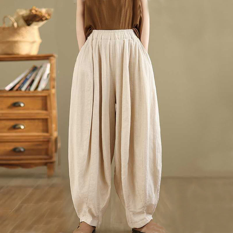 Buddha Stones Spring Casual Simple Design Women's Cotton Linen Harem Pants With Pockets - image 17