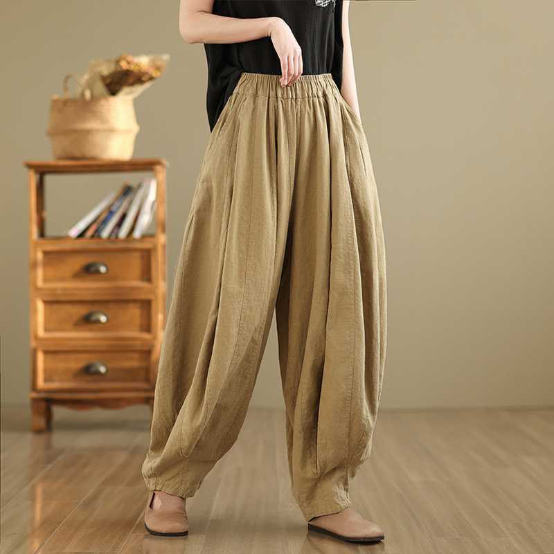 Buddha Stones Spring Casual Simple Design Women's Cotton Linen Harem Pants With Pockets - PaleGoldenrod - US8-10，UK/AU12-14，EU40-42 (2XL) - image 10