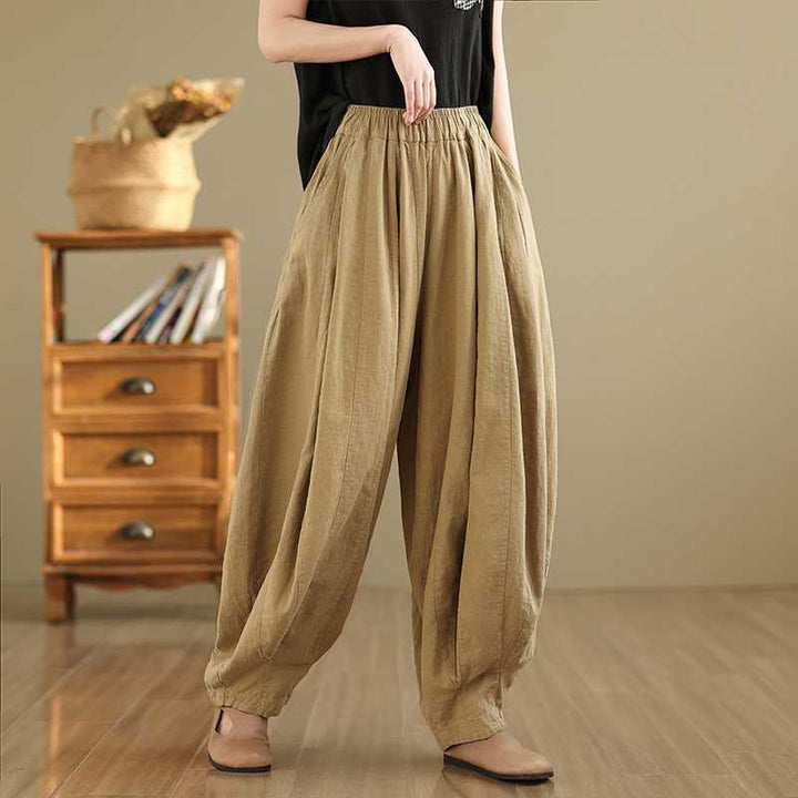 Buddha Stones Spring Casual Simple Design Women's Cotton Linen Harem Pants With Pockets - PaleGoldenrod - US8-10，UK/AU12-14，EU40-42 (2XL) - image 10