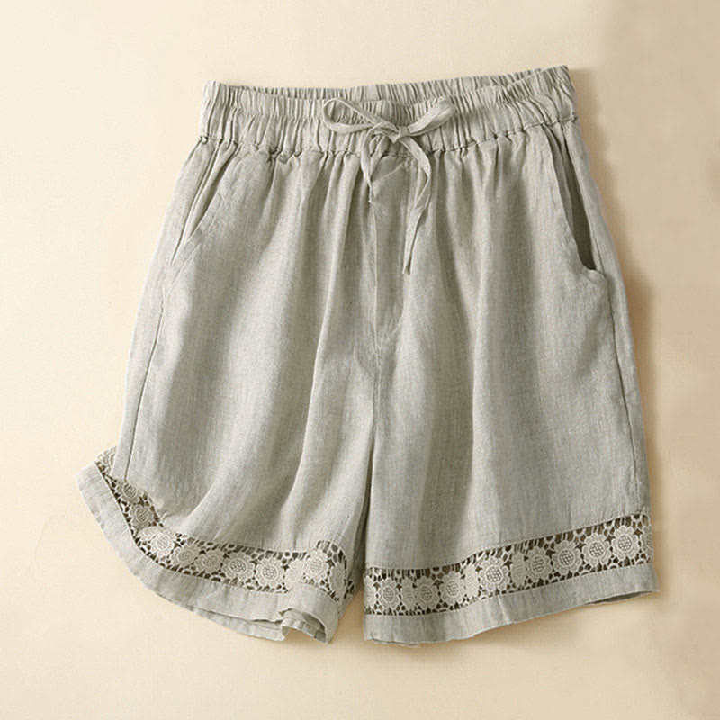 Buddha Stones Plain Color Bottom Hollow Lace Design Lace-up Cotton Women's Shorts With Pockets - Beige - US12，UK/AU16，EU44 (3XL) - image 0