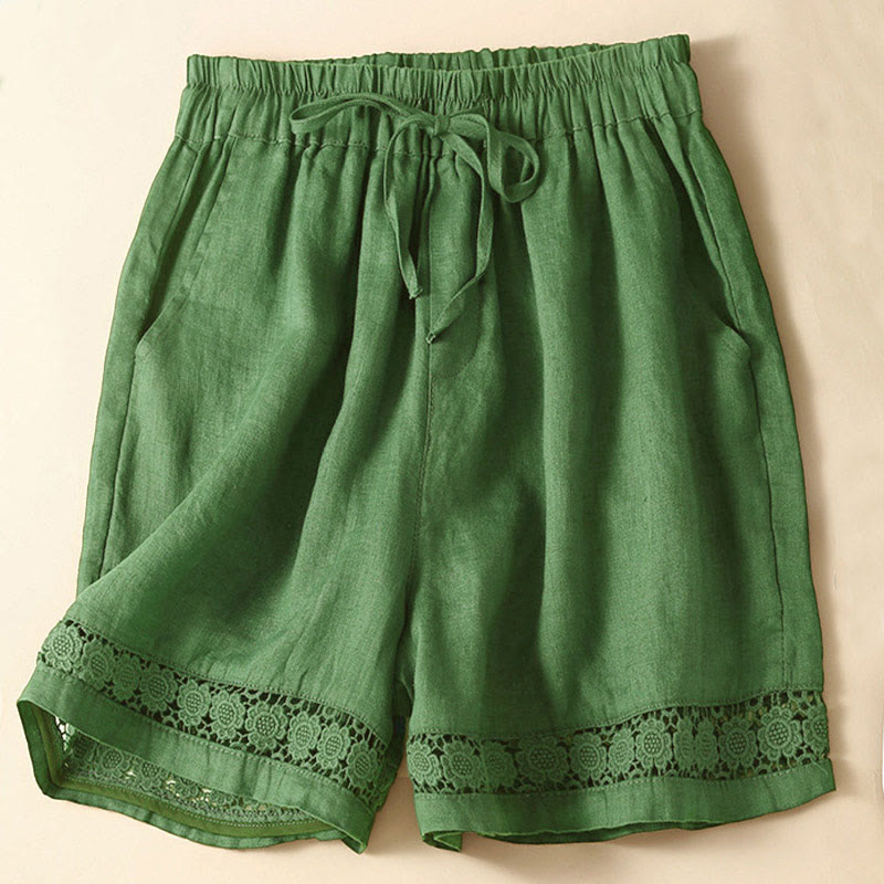 Buddha Stones Plain Color Bottom Hollow Lace Design Lace-up Cotton Women's Shorts With Pockets - image 34
