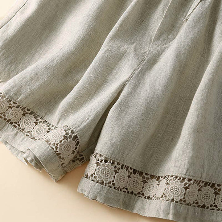 Buddha Stones Plain Color Bottom Hollow Lace Design Lace-up Cotton Women's Shorts With Pockets - image 8