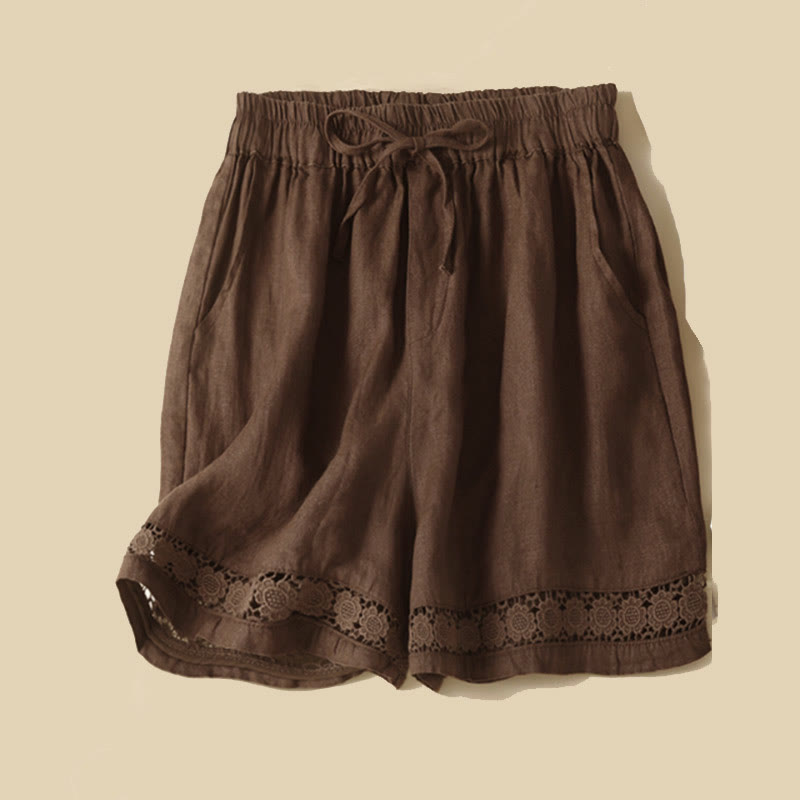 Buddha Stones Plain Color Bottom Hollow Lace Design Lace-up Cotton Women's Shorts With Pockets - Sienna - US12，UK/AU16，EU44 (3XL) - image 36
