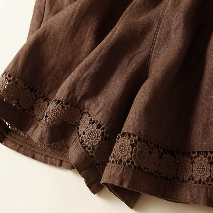 Buddha Stones Plain Color Bottom Hollow Lace Design Lace-up Cotton Women's Shorts With Pockets - image 38