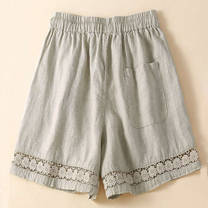 Buddha Stones Plain Color Bottom Hollow Lace Design Lace-up Cotton Women's Shorts With Pockets - image 2