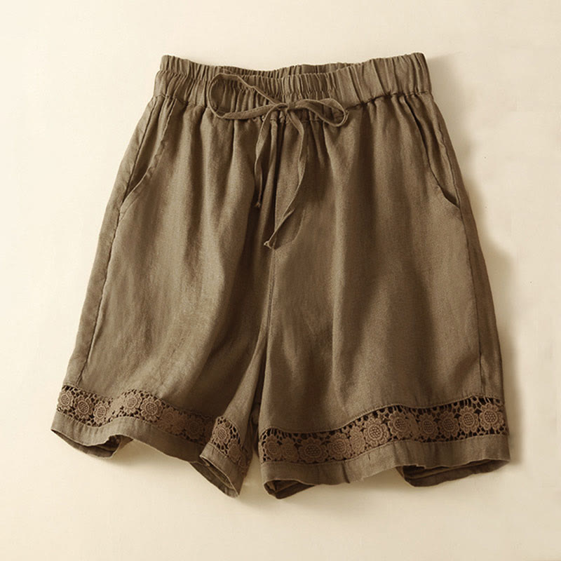 Buddha Stones Plain Color Bottom Hollow Lace Design Lace-up Cotton Women's Shorts With Pockets - Olive - US12，UK/AU16，EU44 (3XL) - image 50