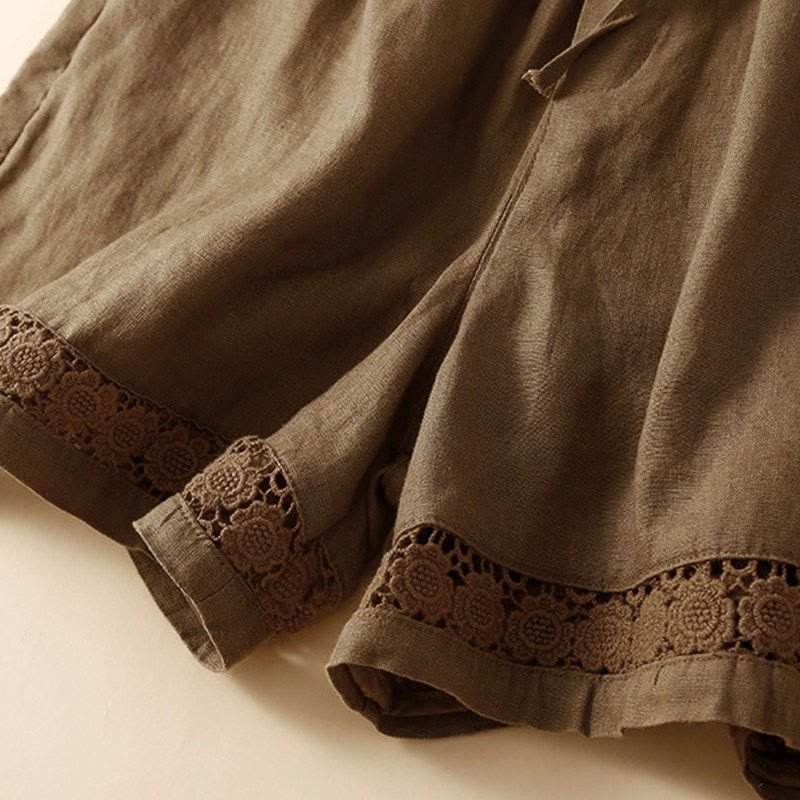 Buddha Stones Plain Color Bottom Hollow Lace Design Lace-up Cotton Women's Shorts With Pockets - image 52