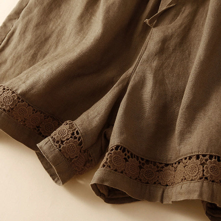Buddha Stones Plain Color Bottom Hollow Lace Design Lace-up Cotton Women's Shorts With Pockets - image 52