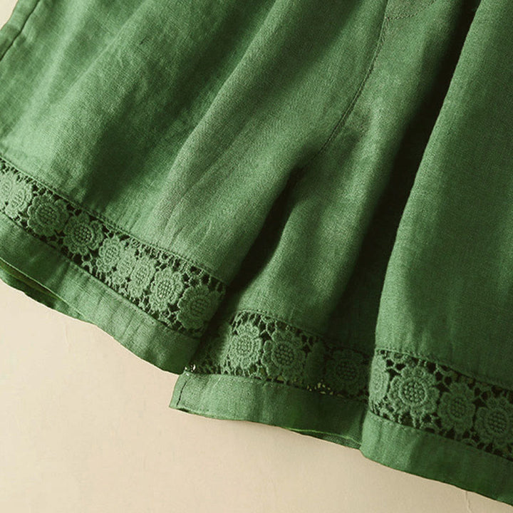 Buddha Stones Plain Color Bottom Hollow Lace Design Lace-up Cotton Women's Shorts With Pockets - image 31