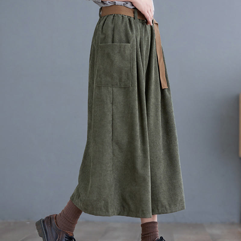Buddha Stones Retro Women's Wide Leg 7-8 Length Corduroy Cotton Pants With Pockets Belt - image 13