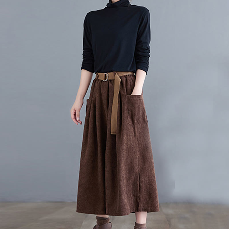 Buddha Stones Retro Women's Wide Leg 7-8 Length Corduroy Cotton Pants With Pockets Belt - image 20