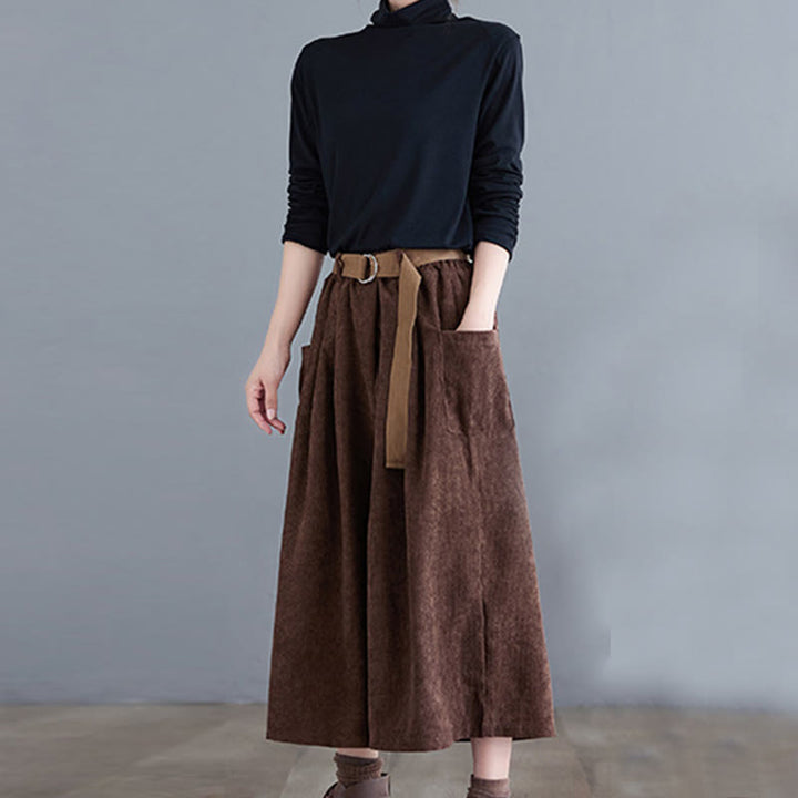 Buddha Stones Retro Women's Wide Leg 7-8 Length Corduroy Cotton Pants With Pockets Belt - image 20