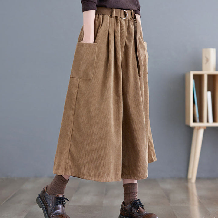 Buddha Stones Retro Women's Wide Leg 7-8 Length Corduroy Pants With Pockets Belt - image 3