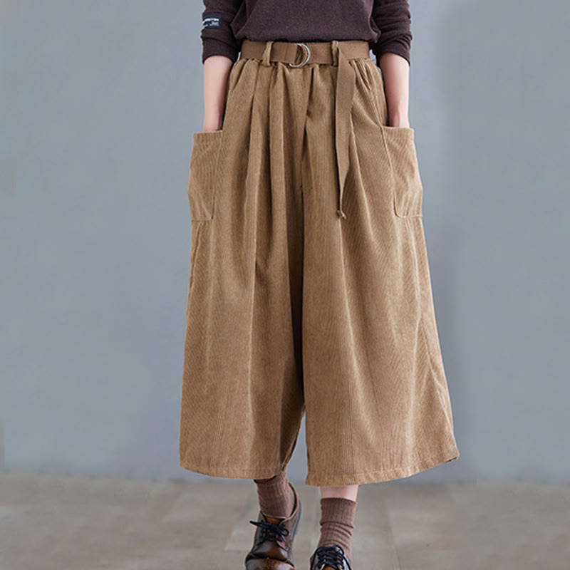Buddha Stones Retro Women's Wide Leg 7-8 Length Corduroy Cotton Pants With Pockets Belt - image 2