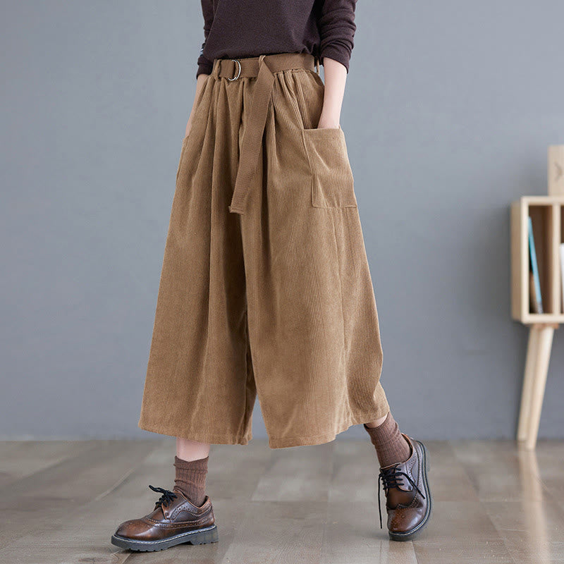 Buddha Stones Retro Women's Wide Leg 7-8 Length Corduroy Cotton Pants With Pockets Belt - Goldenrod - US12，UK/AU16，EU44 (2XL) - image 1