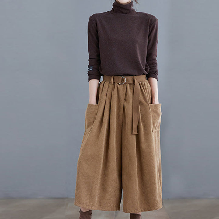 Buddha Stones Retro Women's Wide Leg 7-8 Length Corduroy Cotton Pants With Pockets Belt - image 6