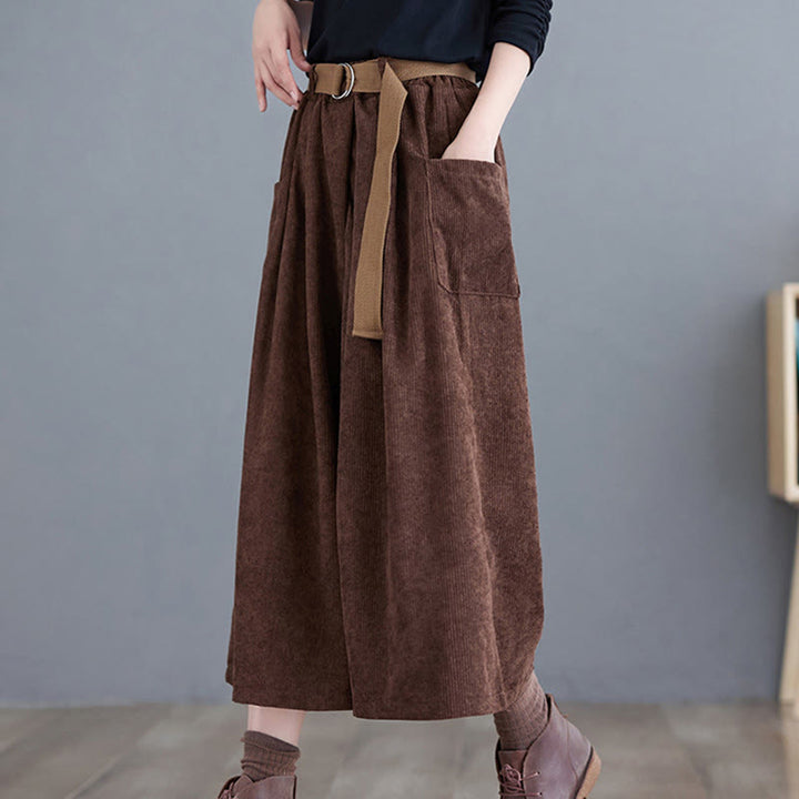 Buddha Stones Retro Women's Wide Leg 7-8 Length Corduroy Cotton Pants With Pockets Belt - image 18