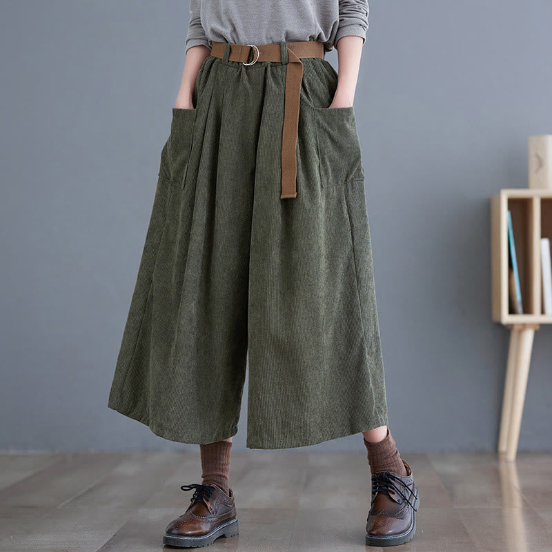 Buddha Stones Retro Women's Wide Leg 7-8 Length Corduroy Cotton Pants With Pockets Belt - DarkOliveGreen - US12，UK/AU16，EU44 (2XL) - image 12