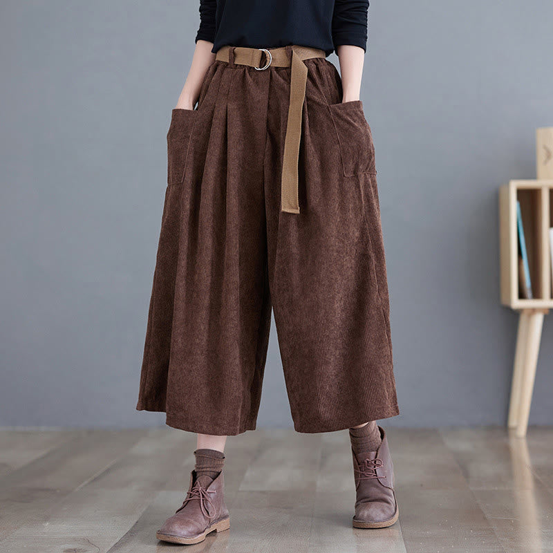 Buddha Stones Retro Women's Wide Leg 7-8 Length Corduroy Cotton Pants With Pockets Belt - SaddleBrown - US12，UK/AU16，EU44 (2XL) - image 17
