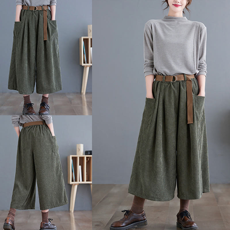 Buddha Stones Retro Women's Wide Leg 7-8 Length Corduroy Cotton Pants With Pockets Belt - image 16