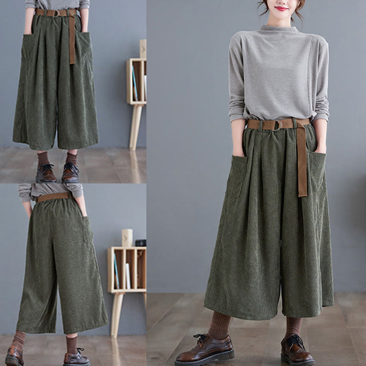 Buddha Stones Retro Women's Wide Leg 7-8 Length Corduroy Cotton Pants With Pockets Belt - image 16