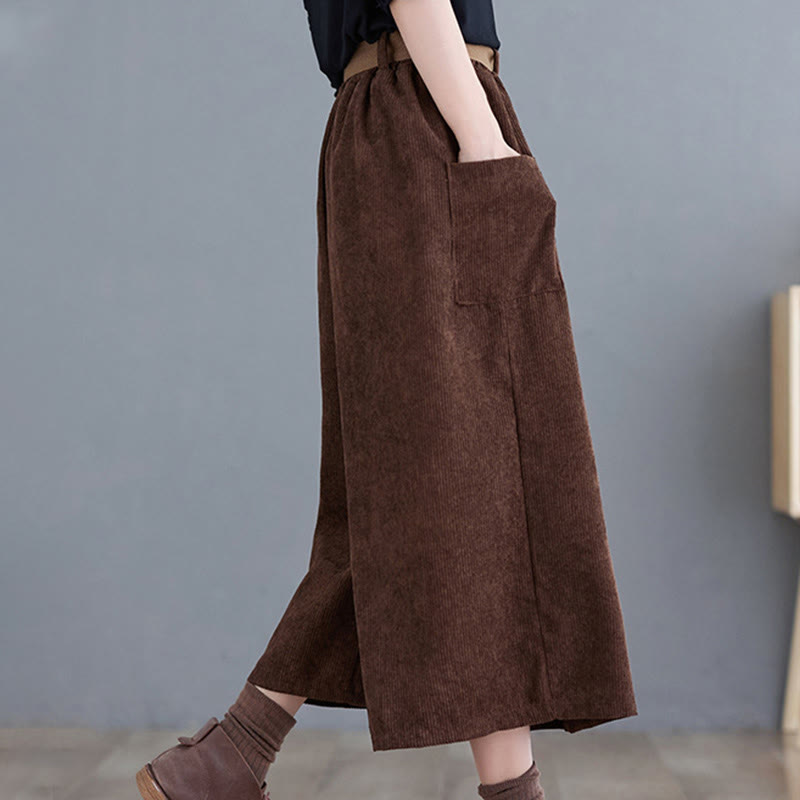 Buddha Stones Retro Women's Wide Leg 7-8 Length Corduroy Cotton Pants With Pockets Belt - image 19