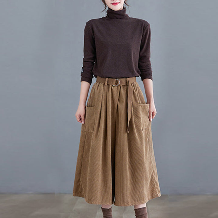 Buddha Stones Retro Women's Wide Leg 7-8 Length Corduroy Cotton Pants With Pockets Belt - image 5