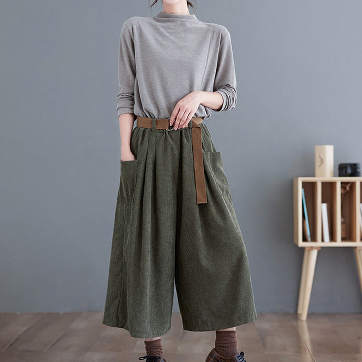 Buddha Stones Retro Women's Wide Leg 7-8 Length Corduroy Cotton Pants With Pockets Belt - image 14