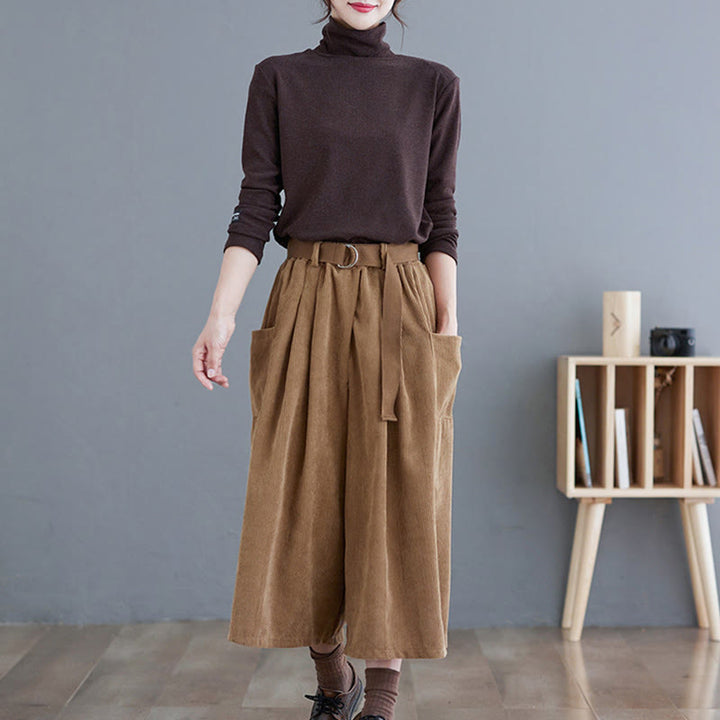 Buddha Stones Retro Women's Wide Leg 7-8 Length Corduroy Cotton Pants With Pockets Belt - image 7