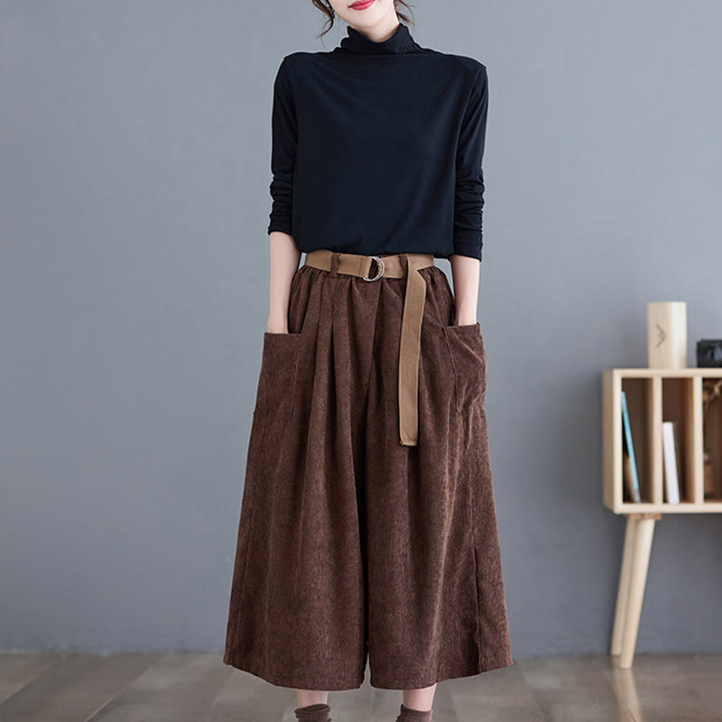 Buddha Stones Retro Women's Wide Leg 7-8 Length Corduroy Cotton Pants With Pockets Belt - image 21