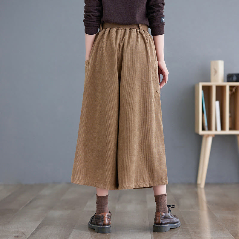 Buddha Stones Retro Women's Wide Leg 7-8 Length Corduroy Cotton Pants With Pockets Belt - image 3