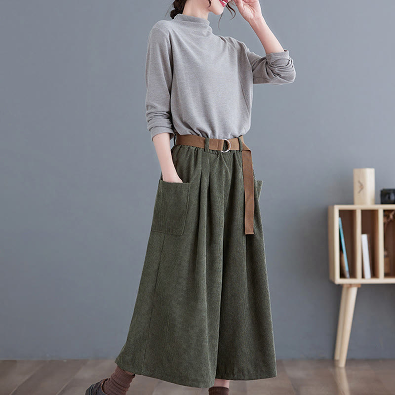 Buddha Stones Retro Women's Wide Leg 7-8 Length Corduroy Cotton Pants With Pockets Belt - image 15