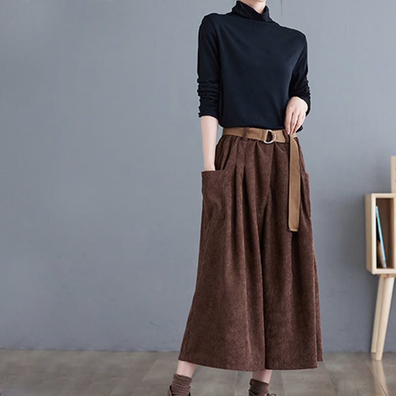 Buddha Stones Retro Women's Wide Leg 7-8 Length Corduroy Cotton Pants With Pockets Belt - image 22