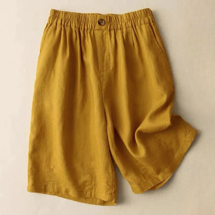 Buddha Stones Summer Casual Plain Button Cotton Linen Women's Shorts With Pockets - Goldenrod - US8-10，UK/AU12-14，EU40-42 (3XL) - image 2
