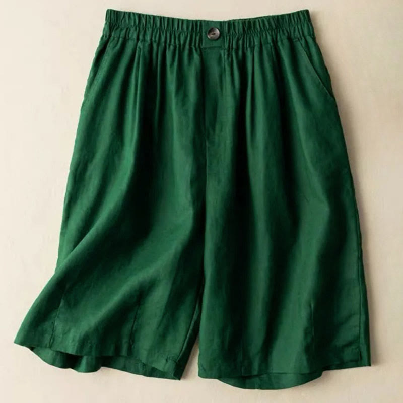 Buddha Stones Summer Casual Plain Button Cotton Linen Women's Shorts With Pockets - Green - US8-10，UK/AU12-14，EU40-42 (3XL) - image 4