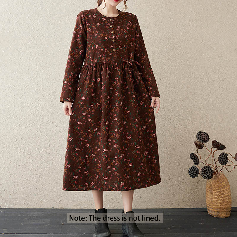 Buddha Stones Ethnic Printing Floral Long Sleeve Buttons Design Cotton Linen Midi Dress With Pockets - image 2