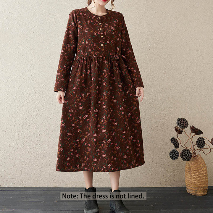 Buddha Stones Ethnic Printing Floral Long Sleeve Buttons Design Cotton Linen Midi Dress With Pockets - image 2