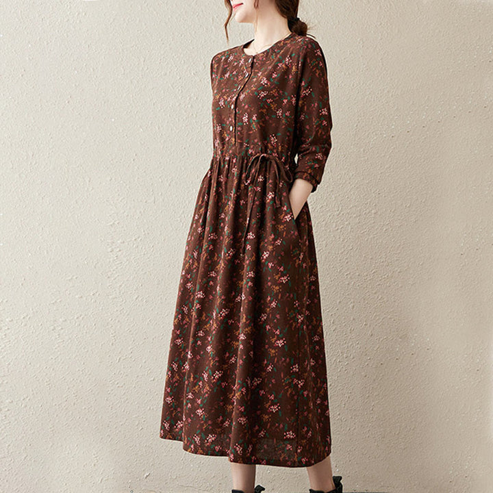 Buddha Stones Ethnic Printing Floral Long Sleeve Buttons Design Cotton Linen Midi Dress With Pockets - image 4