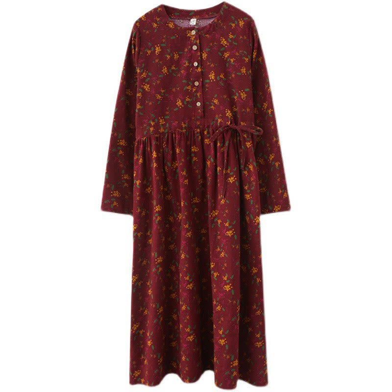 Buddha Stones Casual Ethnic Printing Floral Buttons Design Cotton Linen Midi Dress With Pockets - image 21
