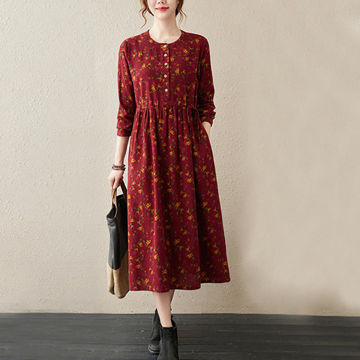 Buddha Stones Ethnic Printing Floral Long Sleeve Buttons Design Cotton Linen Midi Dress With Pockets - image 15