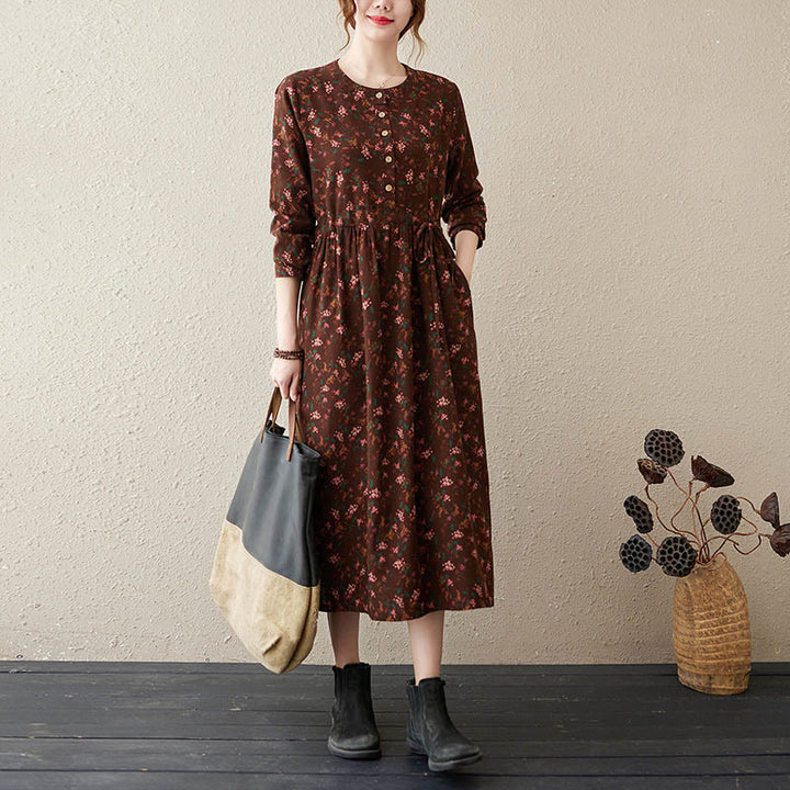 Buddha Stones Ethnic Printing Floral Long Sleeve Buttons Design Cotton Linen Midi Dress With Pockets - SaddleBrown - US12，UK/AU16，EU44 (3XL) - image 1