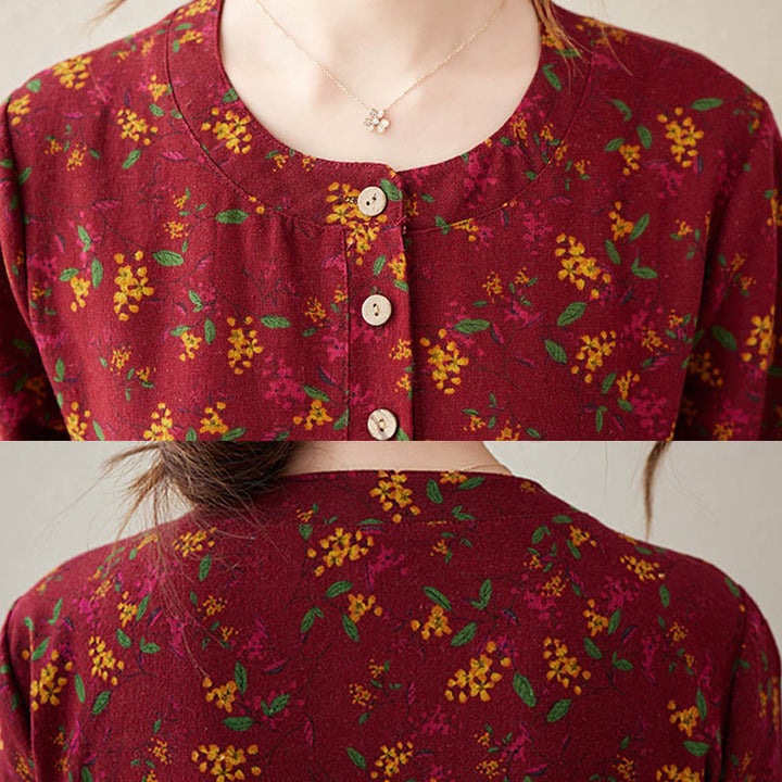 Buddha Stones Ethnic Printing Floral Long Sleeve Buttons Design Cotton Linen Midi Dress With Pockets - image 17