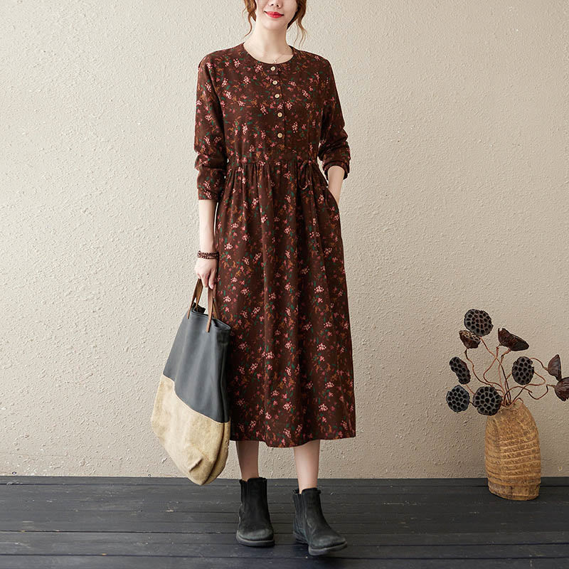 Buddha Stones Casual Ethnic Printing Floral Buttons Design Cotton Linen Midi Dress With Pockets - SaddleBrown - US12，UK/AU16，EU44 (3XL) - image 1