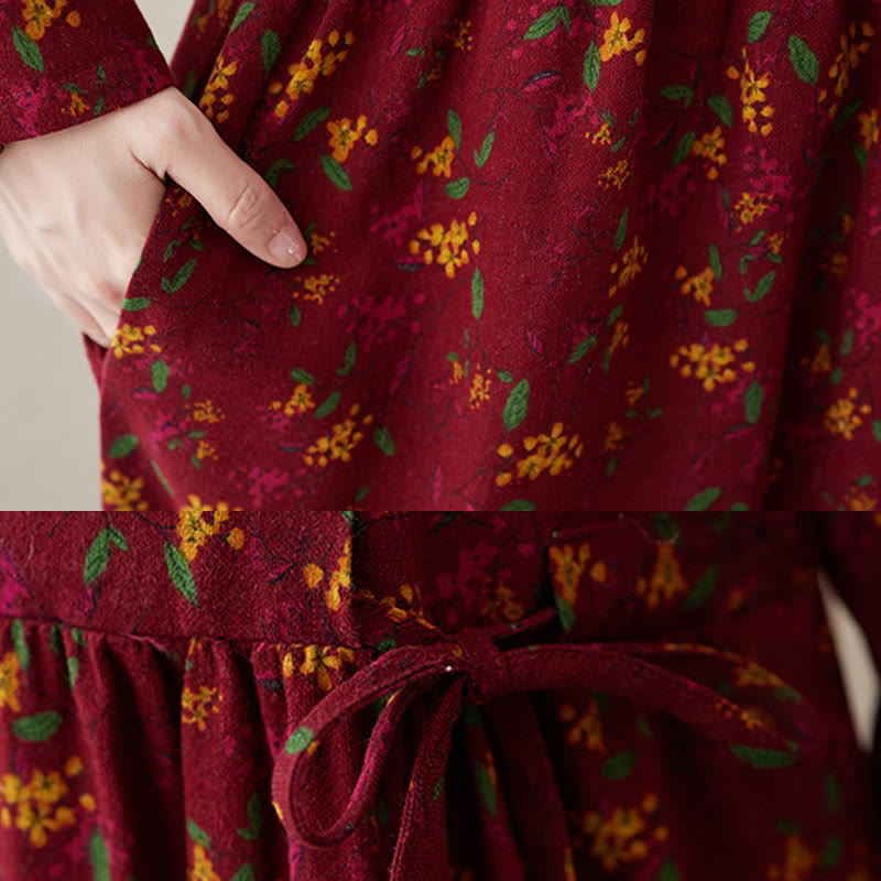 Buddha Stones Ethnic Printing Floral Long Sleeve Buttons Design Cotton Linen Midi Dress With Pockets - image 19