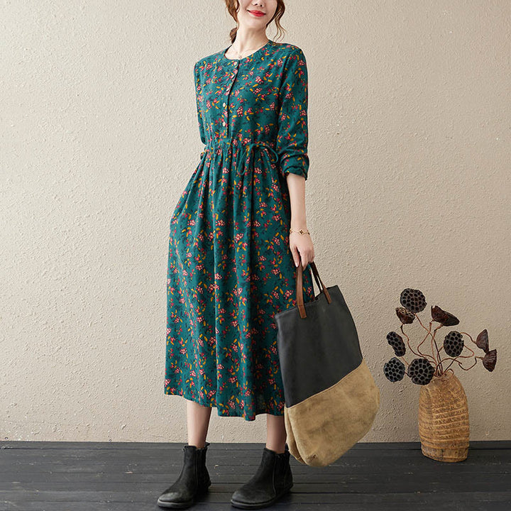 Buddha Stones Ethnic Printing Floral Long Sleeve Buttons Design Cotton Linen Midi Dress With Pockets - DarkCyan - US12，UK/AU16，EU44 (3XL) - image 6